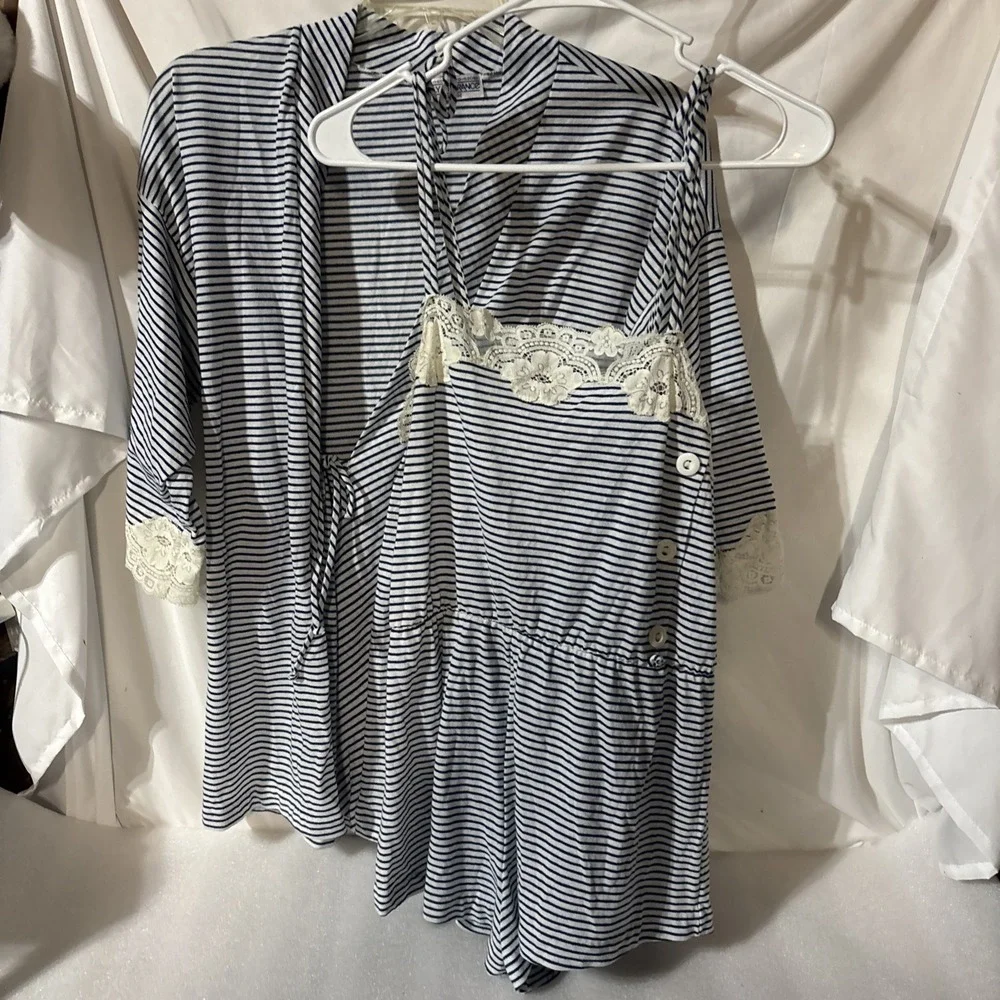 Vintage Lily of France Teddy & Robe Set – Blue And White Lace –‎ ILGWU – USA –L